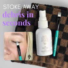 Load image into Gallery viewer, Eyebrow grooming kit with a spray bottle, brush, and tool on a checkered fabric background.