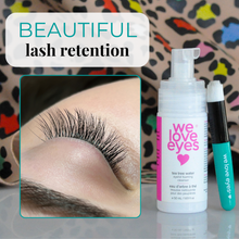 Load image into Gallery viewer, We Love Eyes lash care product with close-up of eyelashes and text 'Beautiful lash retention' on a patterned background.