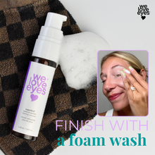 Load image into Gallery viewer, Skincare product with text 'we love eyes' and a foam wash instruction, featuring a woman applying cream.
