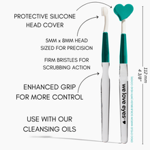 Load image into Gallery viewer, Eco-friendly scrub brush with protective silicone head cover, labeled features, and dimensions on a white background.
