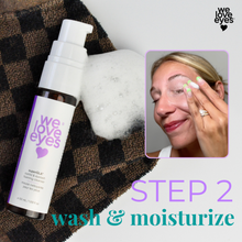 Load image into Gallery viewer, Skincare product with 'we love eyes' branding, showing a woman applying cream and text 'STEP 2 wash & moisturize'.