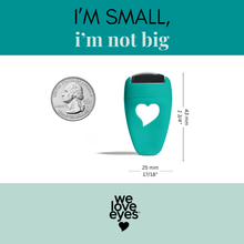 Load image into Gallery viewer, Teal eye cream container with heart design, size comparison to a quarter, and 'we love eyes' branding.