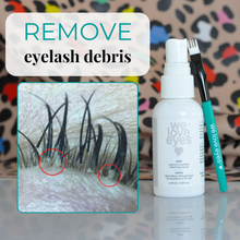 Load image into Gallery viewer, Eyelash care product with spray bottle, brush, and eyelash debris illustration on a colorful background.