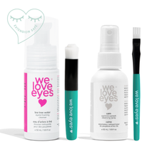 Load image into Gallery viewer, Set of 'we love eyes' eye care products including a cleanser, spray, and applicator on a white background.