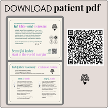 Load image into Gallery viewer, Promotional graphic for 'we love eyes' with lash care instructions and a QR code on a light gray background.