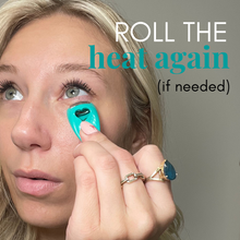 Load image into Gallery viewer, Woman applying a blue tool to her eye with text overlay on a gray background