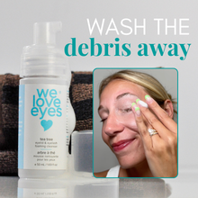 Load image into Gallery viewer, Eye makeup remover bottle with text 'Wash the debris away' and a checkered towel in the background.