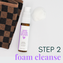 Load image into Gallery viewer, Bottle of 'we love eyes' eye care product with a checkered towel on a white background, labeled 'STEP 2 foam cleanse'.