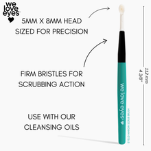 Load image into Gallery viewer, Eyebrow scrub brush with text detailing features and usage, branded 'we love eyes'.