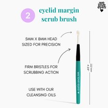 Load image into Gallery viewer, Eyelid margin scrub brush with specifications and branding on a white background