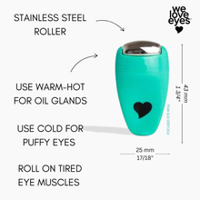 Load image into Gallery viewer, Teal roller with black heart design on a white background, labeled 'we love eyes'.