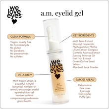 Load image into Gallery viewer, We Love Eyes a.m. eyelid gel with product details on a white background