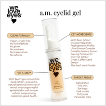 Load image into Gallery viewer, We Love Eyes a.m. eyelid gel with product details on a white background