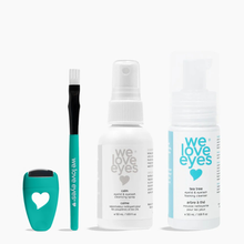Load image into Gallery viewer, Set of eye care products including a brush, spray bottle, and cleaning pad with 'we love eyes' branding on a white background.
