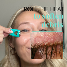 Load image into Gallery viewer, Woman using a tool to remove eyelash extensions with text 'Roll the heat to soften debris' on a gray background
