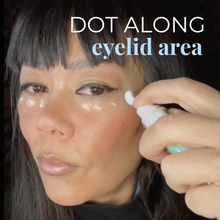 Load image into Gallery viewer, Person applying makeup to their eyelid area with text 'DOT ALONG eyelid area' above.
