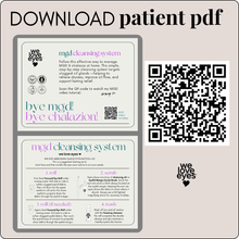 Load image into Gallery viewer, Promotional flyer for an mgd cleansing system with QR code and 'we love eyes' branding.
