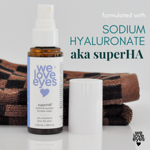 Load image into Gallery viewer, Bottle of 'we love eyes' superHA product with a checkered towel in the background
