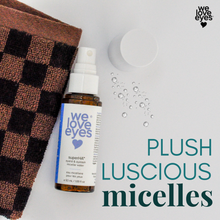 Load image into Gallery viewer, Bottle of 'we love eyes' eye care product with a spray nozzle on a checkered towel background.
