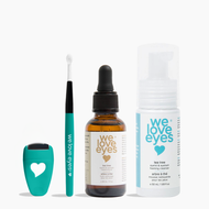 Set of eye care products with 'we love eyes' branding on a white background