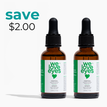 Load image into Gallery viewer, Two bottles of 'we love eyes' with a label showing savings information on a white background.
