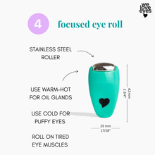 Load image into Gallery viewer, Teal roller with black heart design on a white background, labeled 'focused eye roll' with product features and usage instructions.
