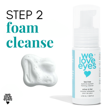 Load image into Gallery viewer, We Love Eyes eye makeup remover with foam cleanse text and product display
