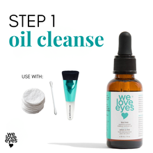 Load image into Gallery viewer, Oil cleanse step with 'we love eyes' product and accessories on a white background
