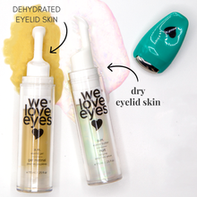 Load image into Gallery viewer, Two skincare bottles labeled 'we love eyes' with text indicating dehydrated eyelid skin and dry eyelid skin on a white background.
